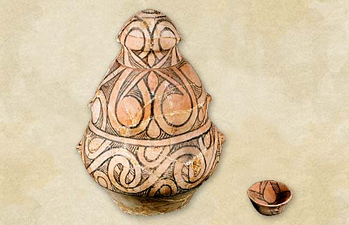 26. Painted vessels: lidded anthropomorphic amphora representing a female deity and bowl, the Middle Cucuteni-Tripolye culture - Aeneolithic Age
